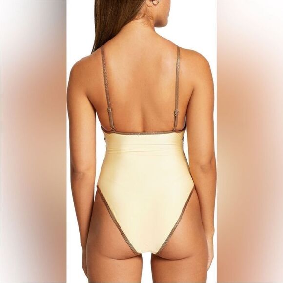 River Island NWT Yellow Foil Trim Wrap Front Tie Waist
One-Piece Swimsuit Sz 4 - Picture 3 of 8